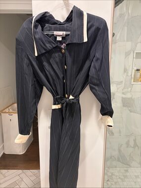 Navy Pinstripe Long Shirt Dress with Ivory Trim